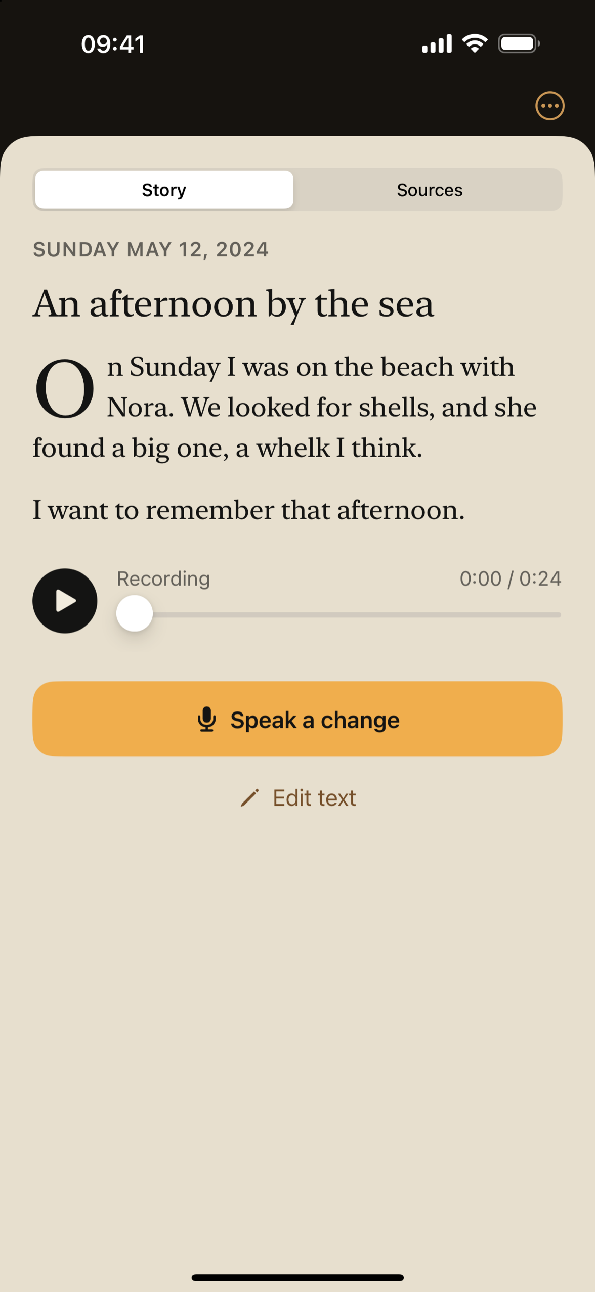A kept story on its page in Toldmark on iPhone, with its recording below.